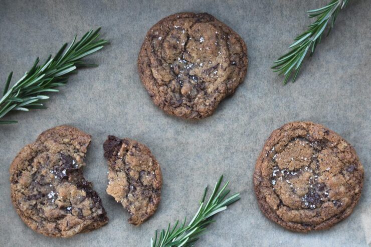 brown butter chocolate chip cookies with rosemary