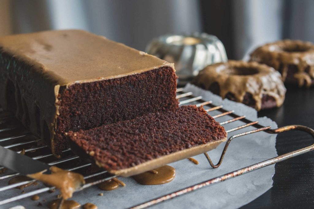 chocolate pound cake with coffee cardamom glaze