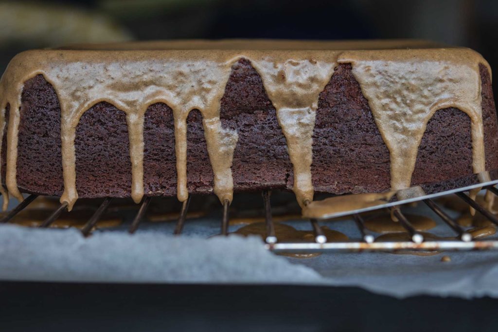 Chocolate pound cake with coffee cardamom glaze