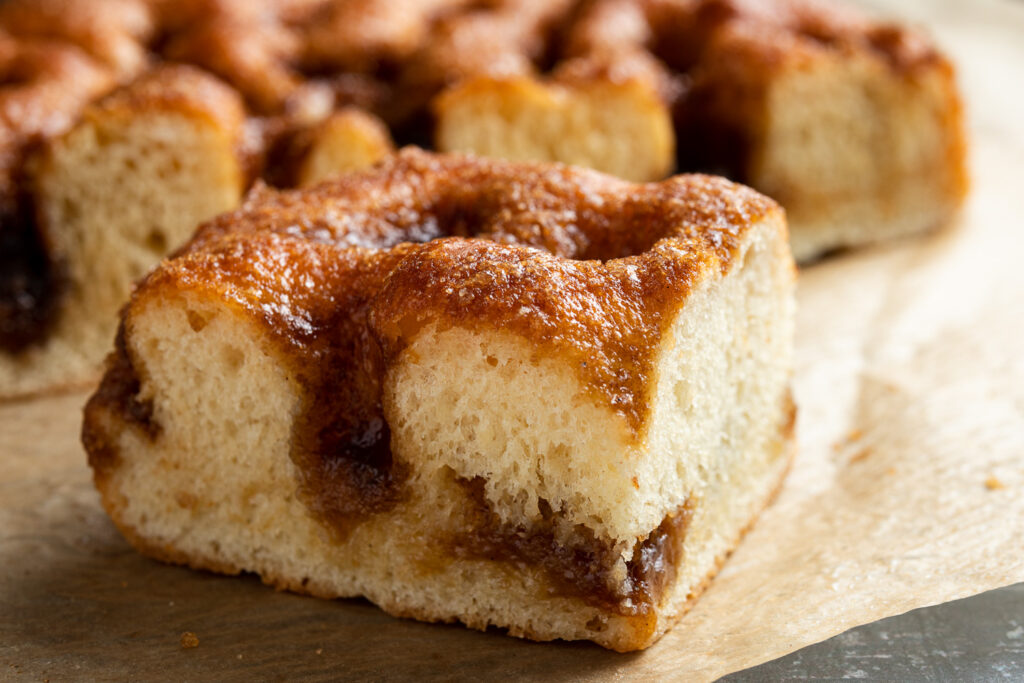 a slice of brunsviger Danish coffee cake