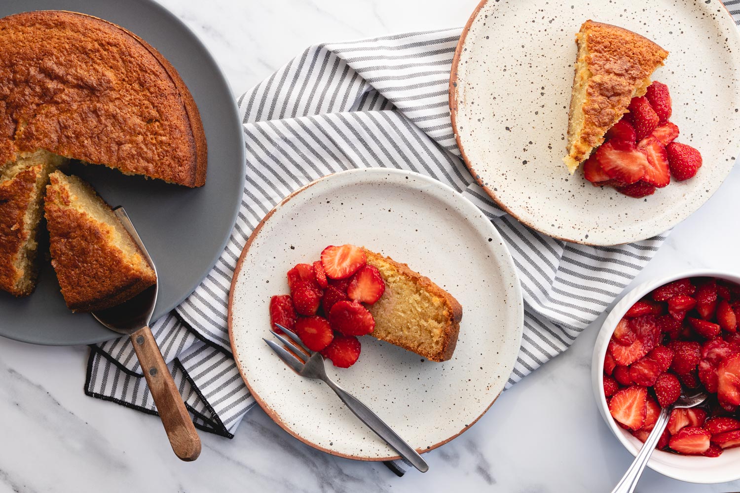 olive oil cake with balsamic macerated strawberries