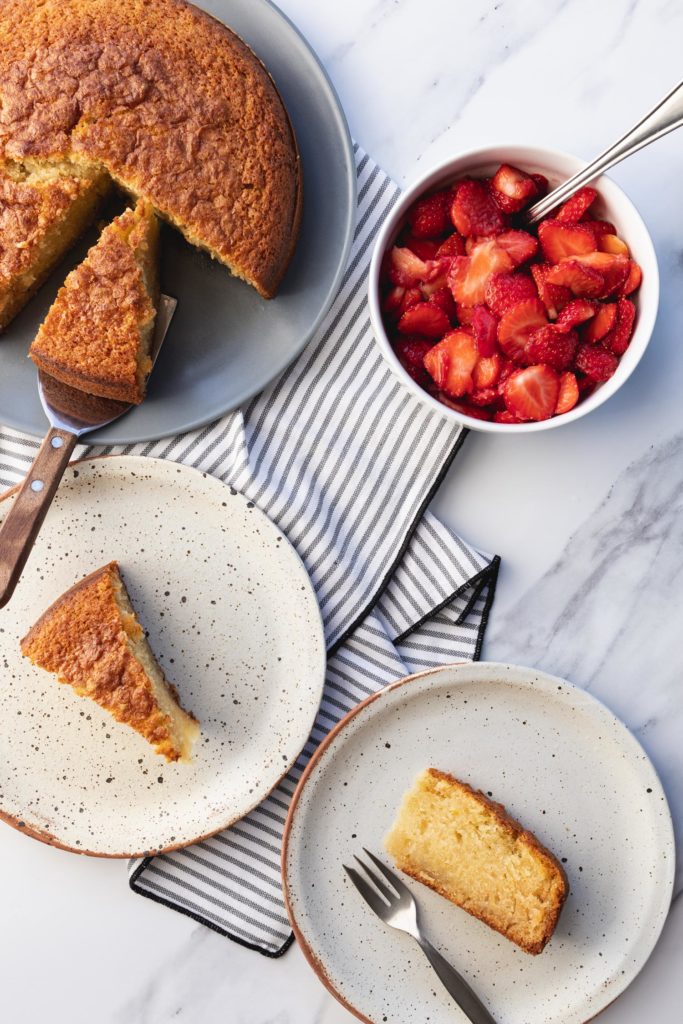 italian olive oil cake with macerated strawberries
