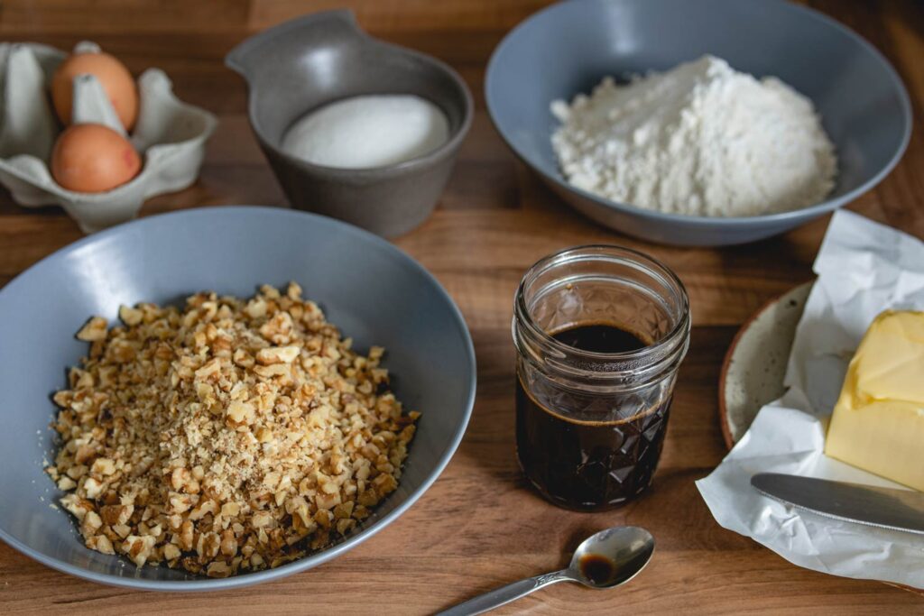ingredients for rustic coffee walnut cake