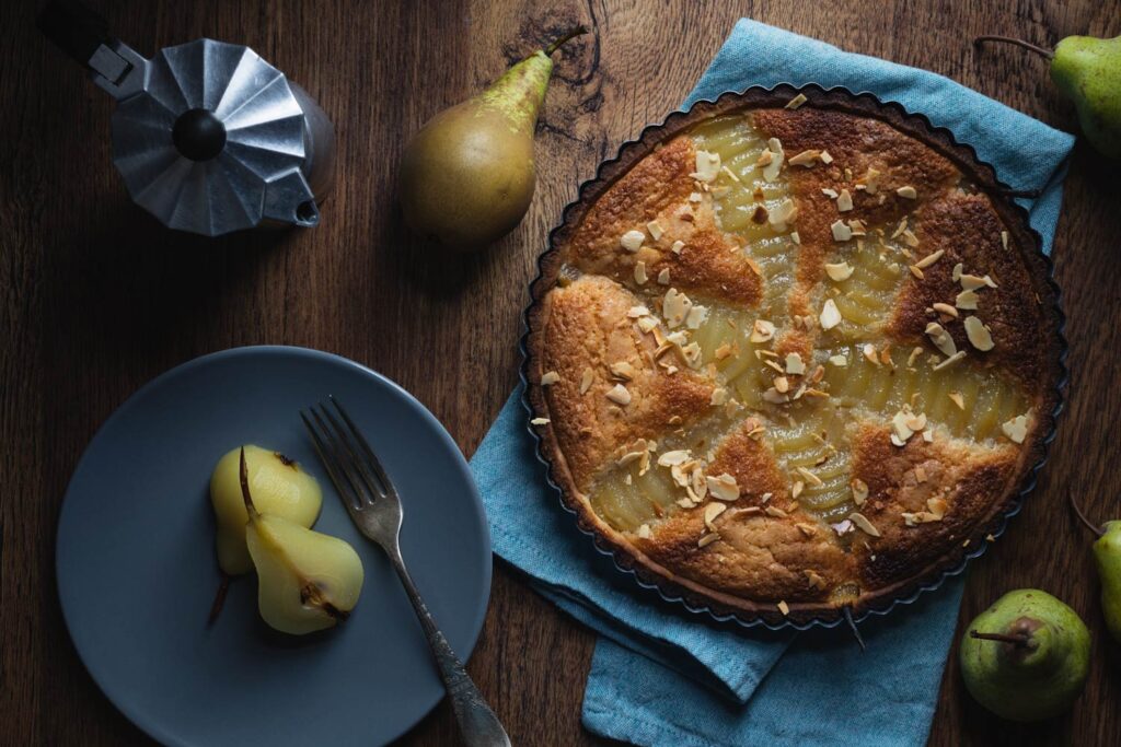 pear frangipane tart with poached pears