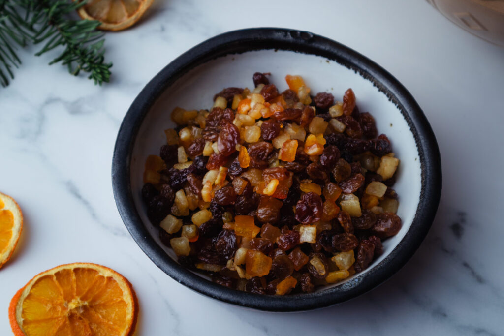 bowl of rum-soaked raisins and candied citrus