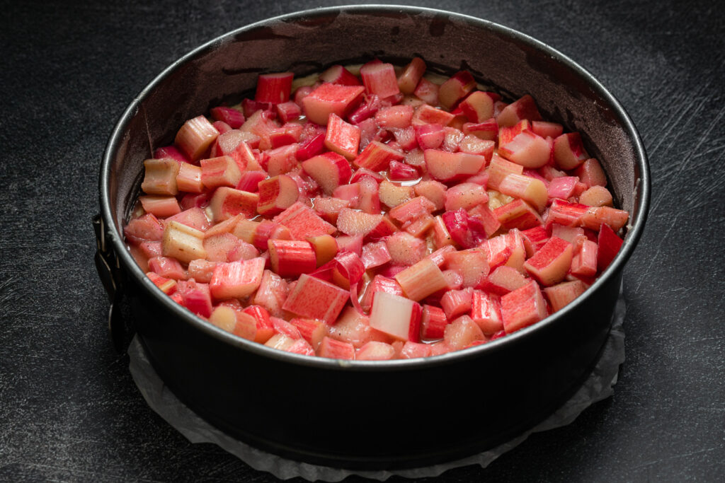 cake batter with rhubarb topping in a springform pan