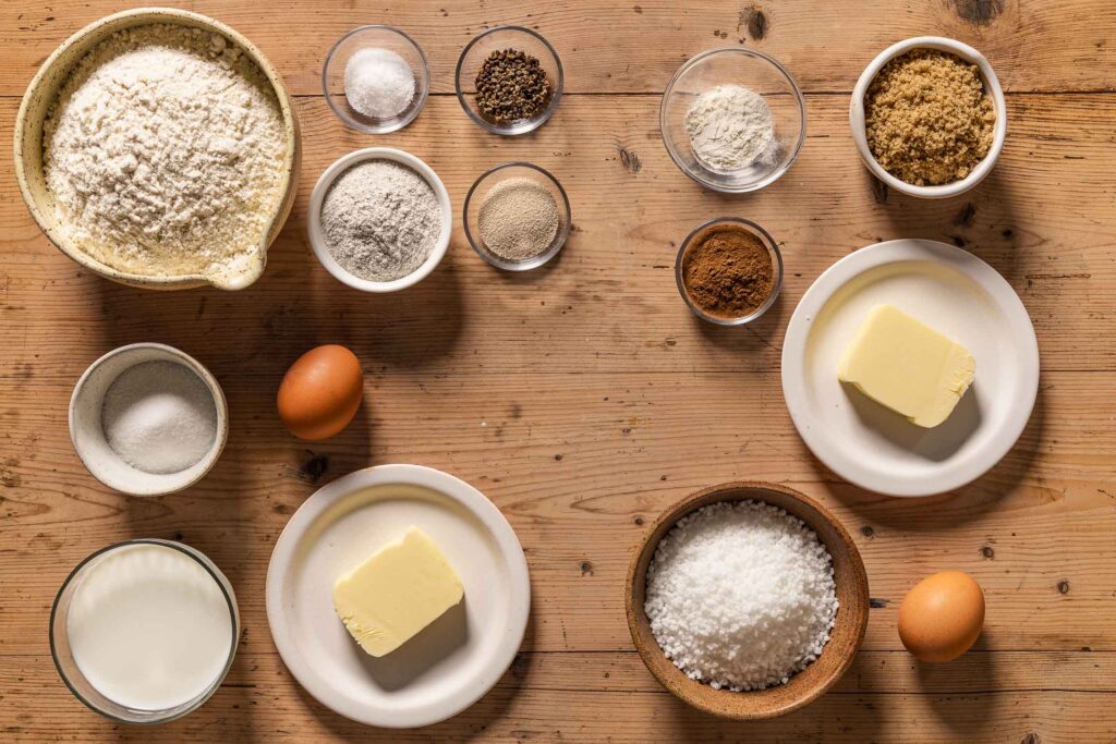 Ingredients to make korvapuusti including flour, salt, cardamom, yeast, sugar, eggs, butter, cinnamon, milk, and pearl sugar